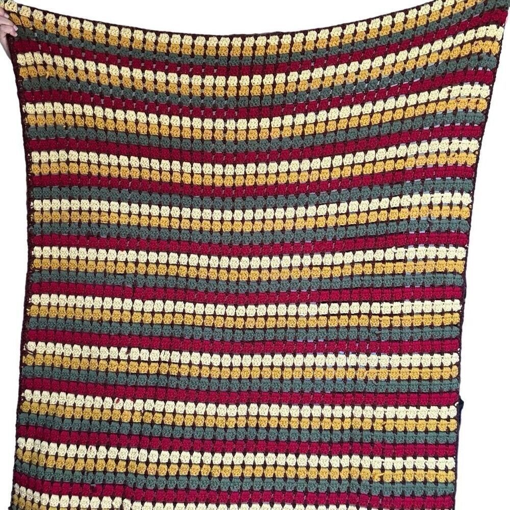 Handmade Hand Knitted Throw Blanket Multicolored Afghan Standard Size Striped
